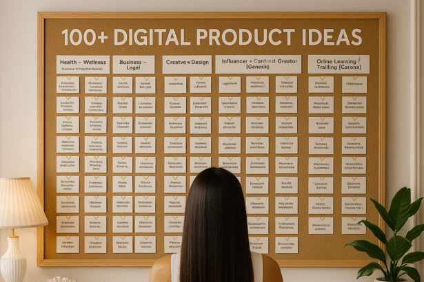 Back view of a woman with long brunette hair standing in front of a large idea board in a stylish, well-decorated office, with a laptop, plants, and elegant décor on the desk.