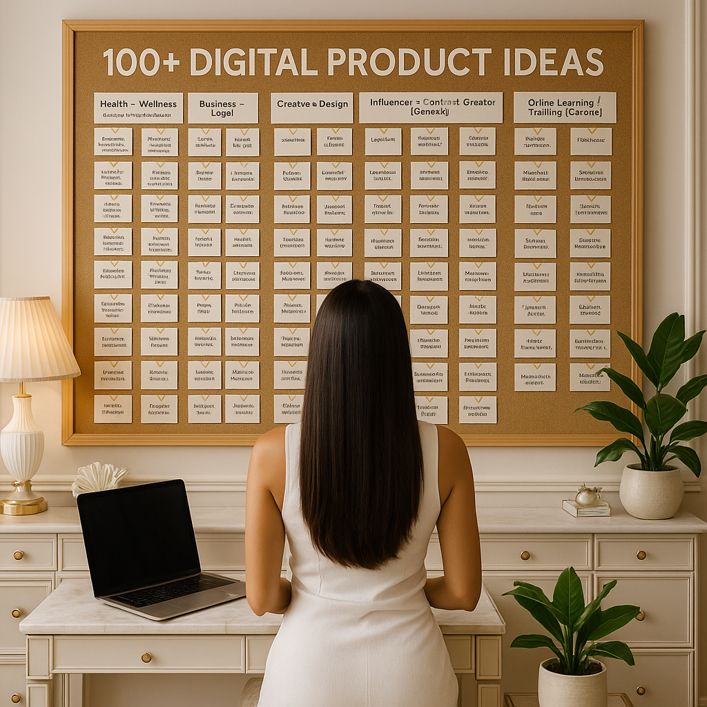 Back view of a woman with long brunette hair standing in front of a large idea board in a stylish, well-decorated office, with a laptop, plants, and elegant décor on the desk.