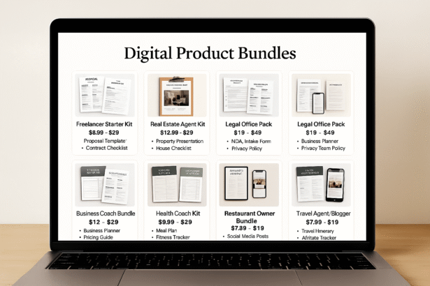 A laptop screen showing a digital storefront with various digital product bundles and their prices