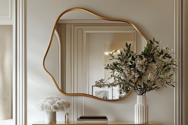 Elegant home entryway with gold mirror, floral arrangements, and minimalist console table