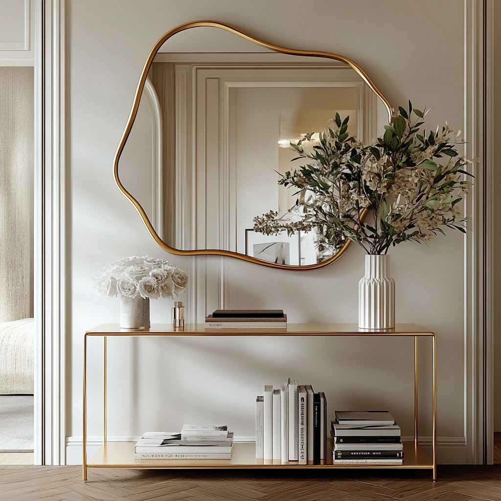 Elegant home entryway with gold mirror, floral arrangements, and minimalist console table
