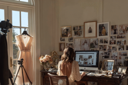 Fashion influencer working at a desk in a stylish, sunlit office with a computer, mood board, and dress form — creating digital product designs.
