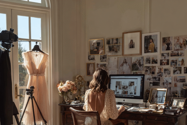 Fashion influencer working at a desk in a stylish, sunlit office with a computer, mood board, and dress form — creating digital product designs.