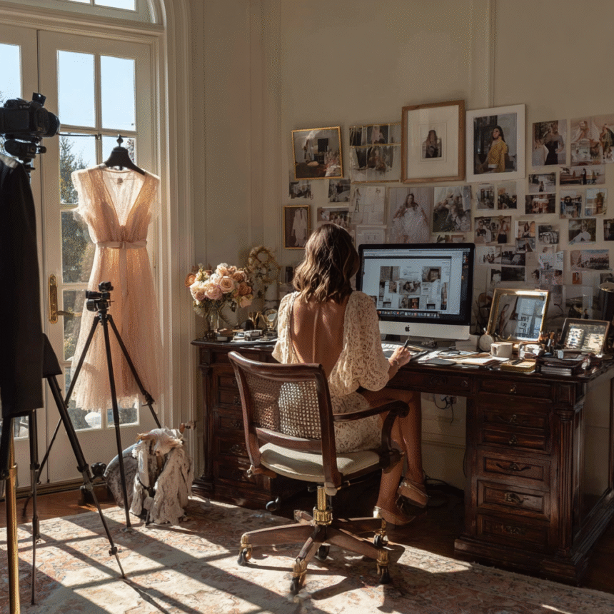 Fashion influencer working at a desk in a stylish, sunlit office with a computer, mood board, and dress form — creating digital product designs.