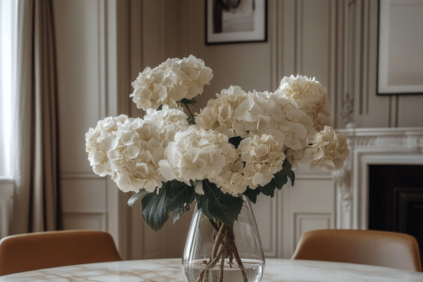 Elegant round marble dining table with white hydrangeas in a glass vase, styled for home wellbeing