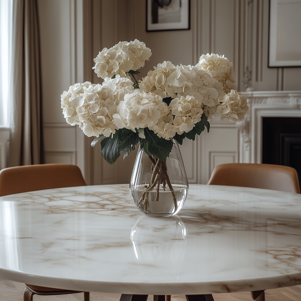 Elegant round marble dining table with white hydrangeas in a glass vase, styled for home wellbeing