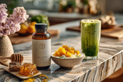 “A beautiful marble kitchen counter with raw honey, a matcha latte, and Greek yogurt topped with fruit — natural sugar alternatives for a wholesome, sugar-free lifestyle.”