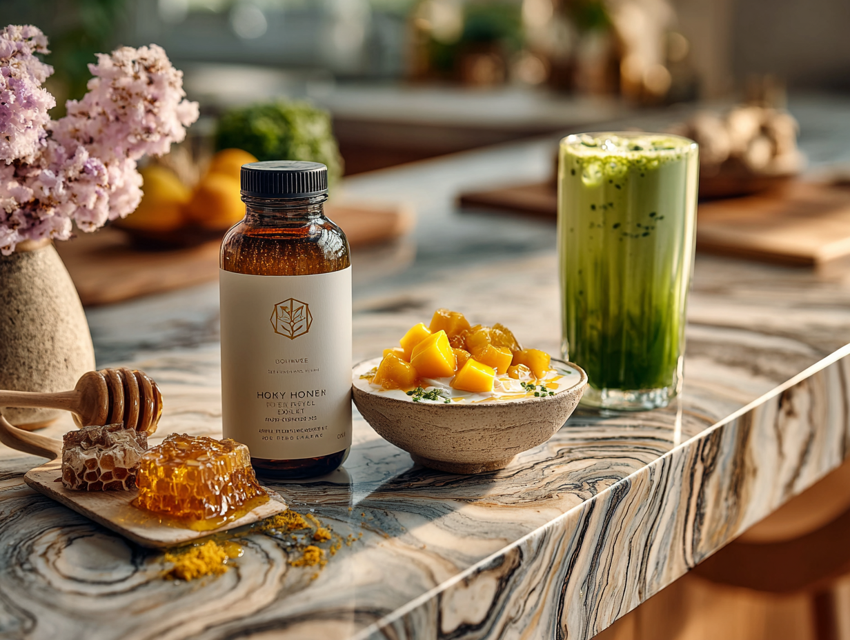 “A beautiful marble kitchen counter with raw honey, a matcha latte, and Greek yogurt topped with fruit — natural sugar alternatives for a wholesome, sugar-free lifestyle.”