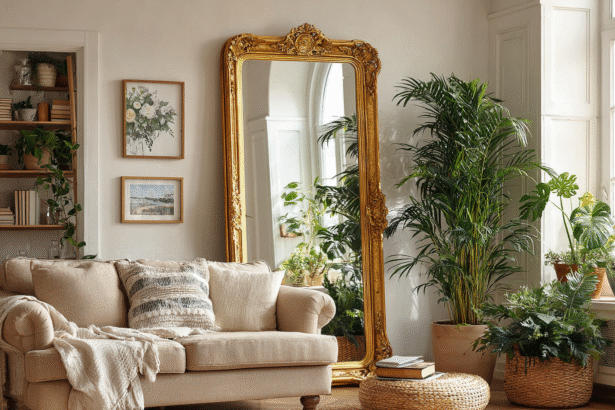 Elegant mirror with gold frame reflecting light and greenery, demonstrating harmonious Feng Shui placement.