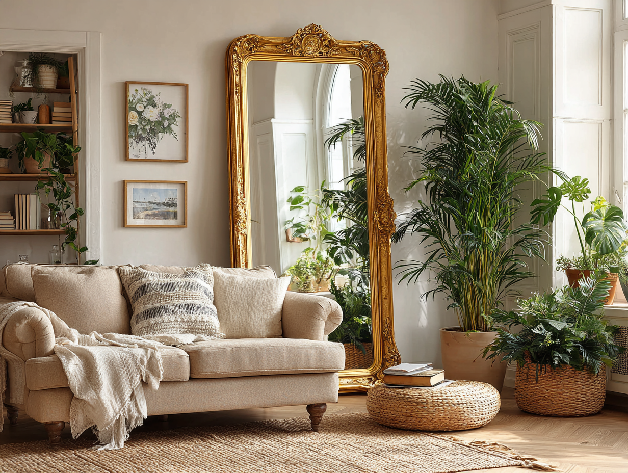 Elegant mirror with gold frame reflecting light and greenery, demonstrating harmonious Feng Shui placement.