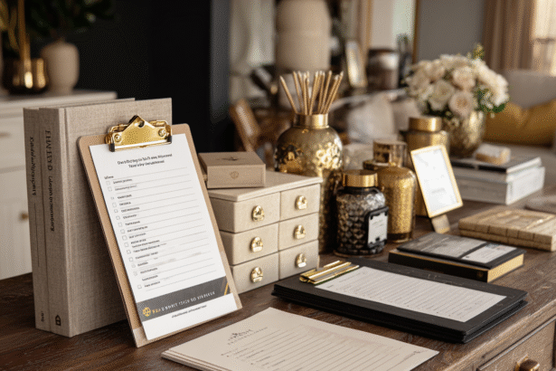 Elegant flat-lay of a real estate agent's printed digital product starter kit on a wooden desk with gold and neutral office decor.