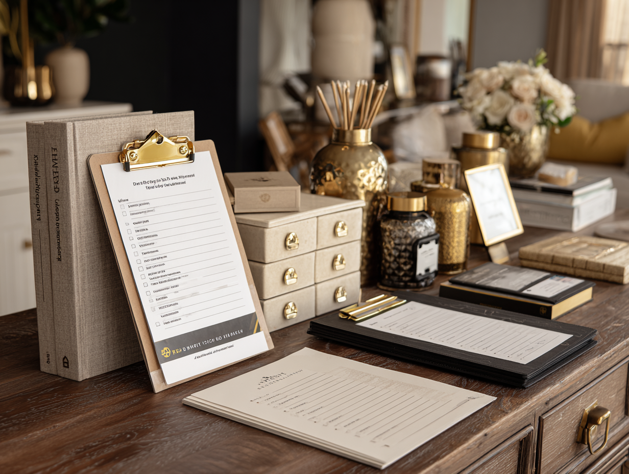 Elegant flat-lay of a real estate agent's printed digital product starter kit on a wooden desk with gold and neutral office decor.