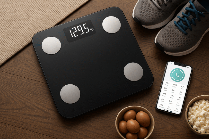 Black digital smart scale showing 129.5 lb with smartphone fitness app, running shoes, eggs, and cottage cheese on a wooden floor