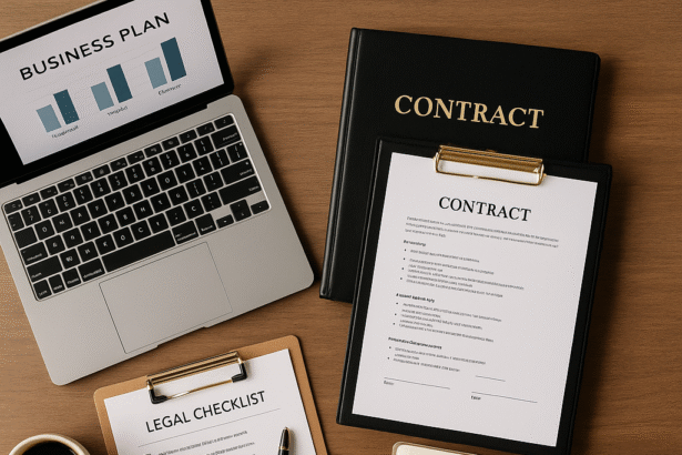 Flat-lay of a laptop, contract binder, legal checklist, and planner with coffee and pen on a professional desk, representing trusted business and legal digital products.