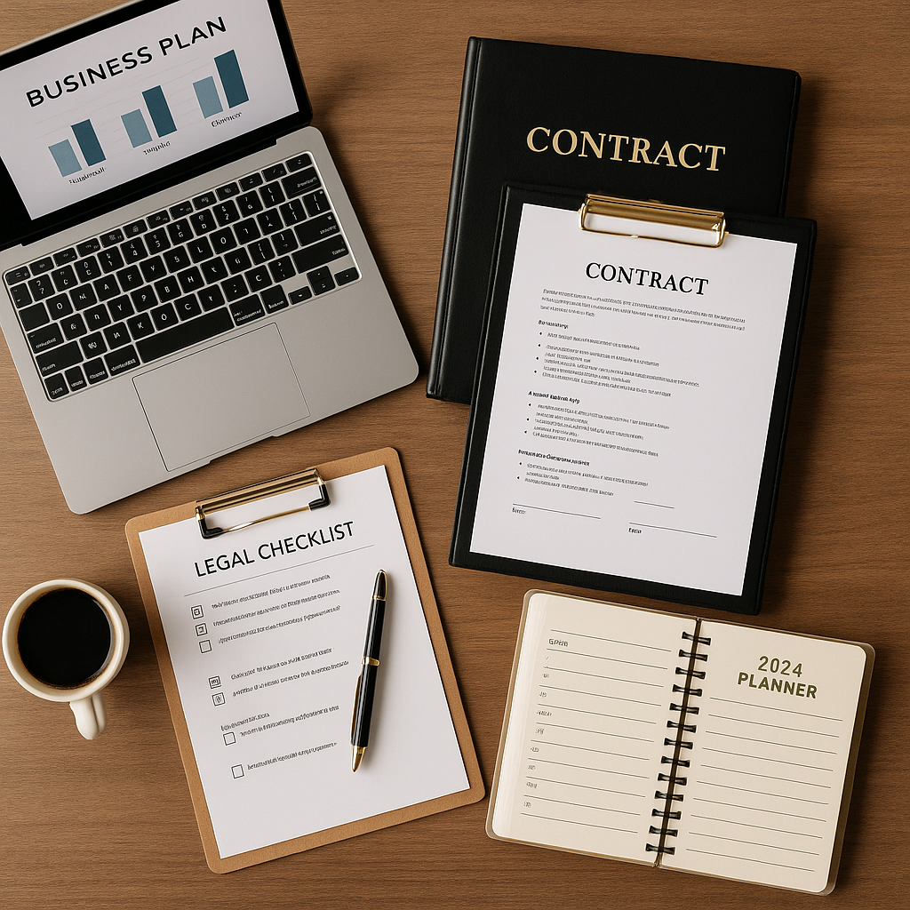 Flat-lay of a laptop, contract binder, legal checklist, and planner with coffee and pen on a professional desk, representing trusted business and legal digital products.
