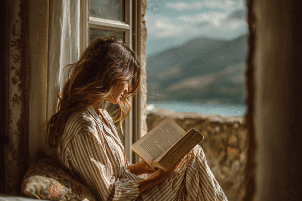 Woman reading a book by the window overlooking a calm landscape