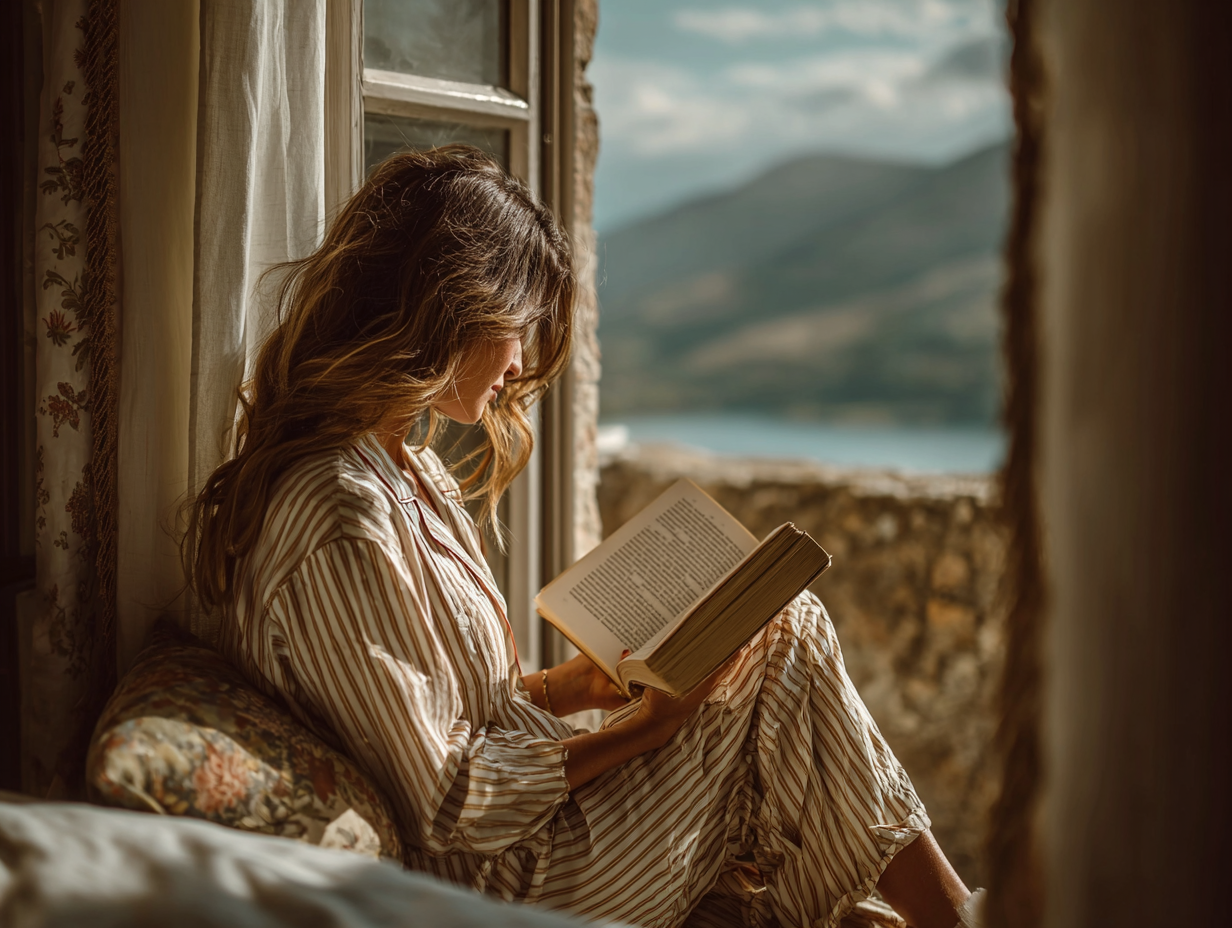 Woman reading a book by the window overlooking a calm landscape