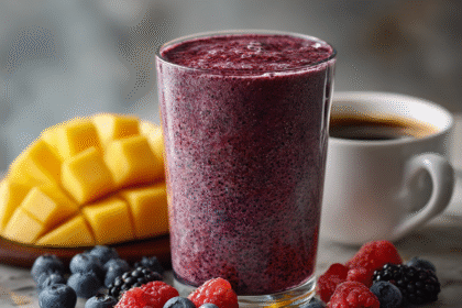 A glass of dark berry smoothie with blueberries, raspberries, mango chunks, and a cup of coffee in the background