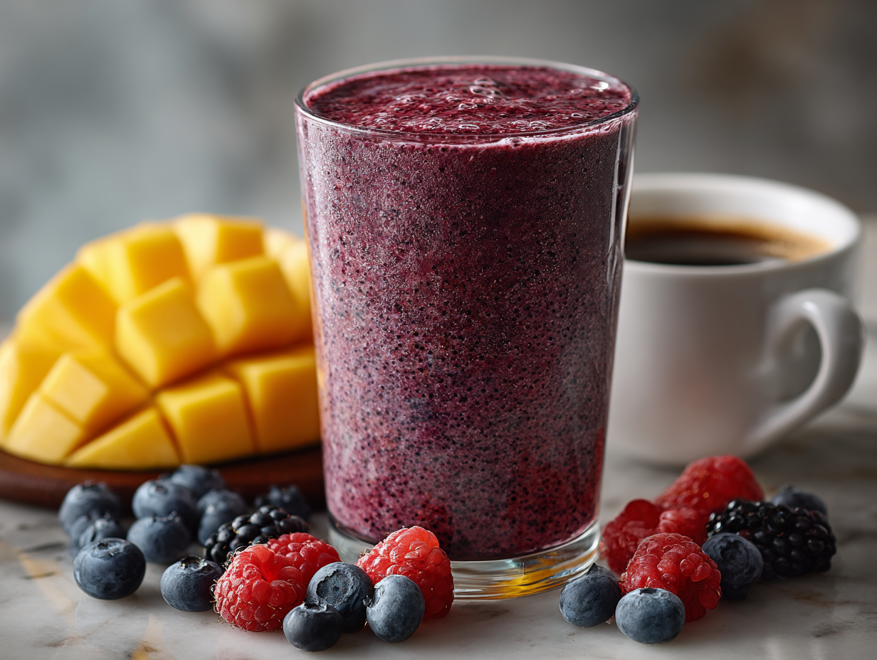 A glass of dark berry smoothie with blueberries, raspberries, mango chunks, and a cup of coffee in the background