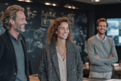Three confident entrepreneurs standing together in a modern creative workspace