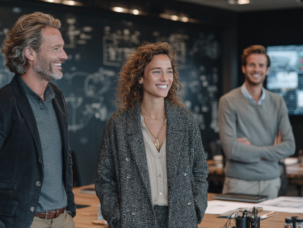 Three confident entrepreneurs standing together in a modern creative workspace