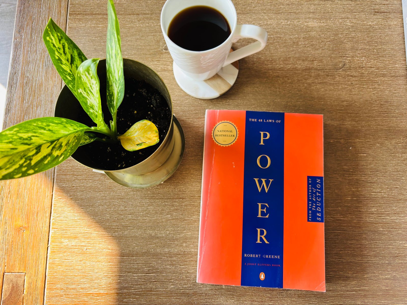 The 48 Laws of Power book on a wooden table with coffee and a plant beside it