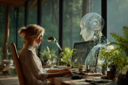 A woman working peacefully with a transparent AI robot in a nature-filled home office, representing collaboration in the AI era