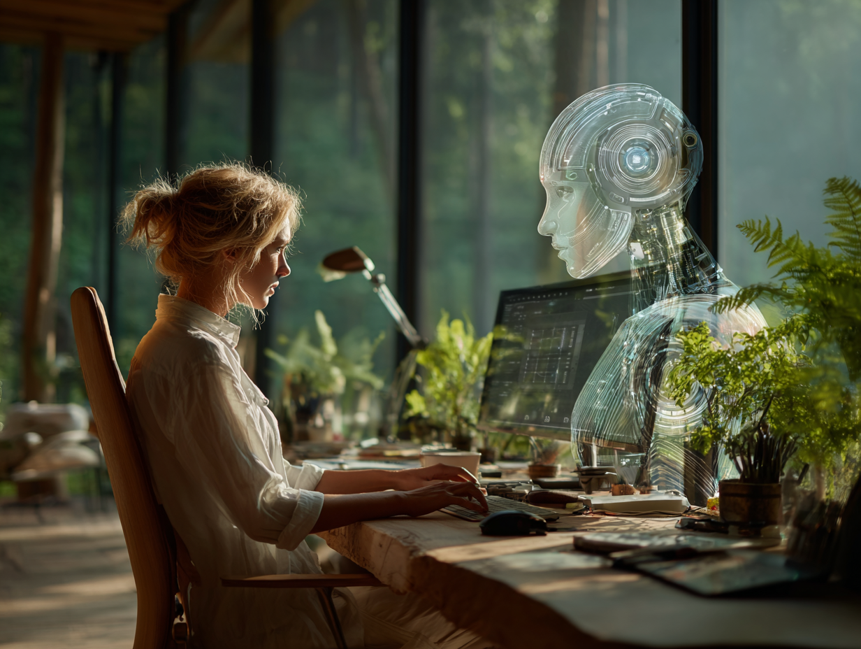 A woman working peacefully with a transparent AI robot in a nature-filled home office, representing collaboration in the AI era