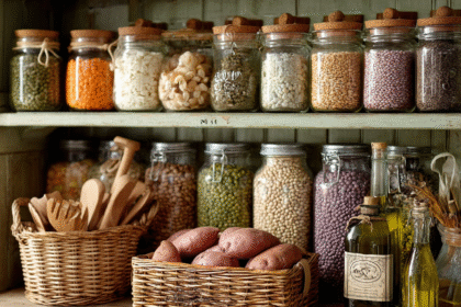 Organized small pantry with glass jars of legumes, grains, oils, and sweet potatoes