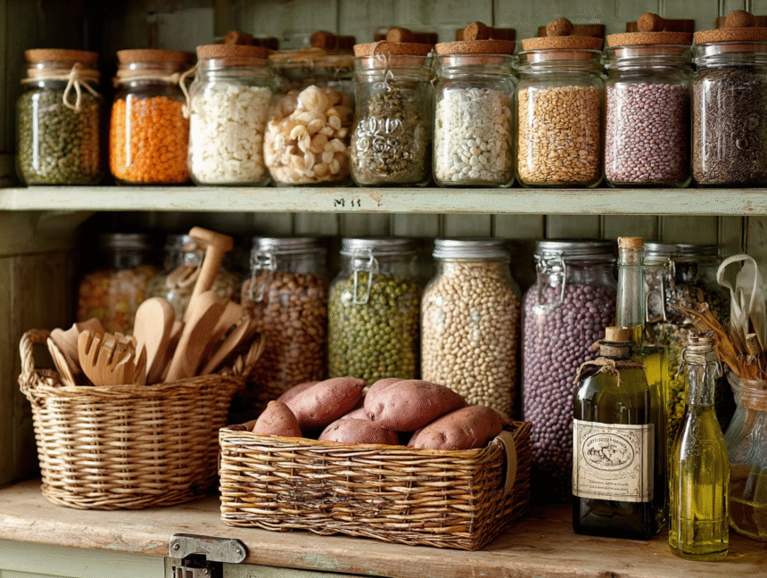 Organized small pantry with glass jars of legumes, grains, oils, and sweet potatoes