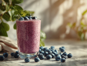“A high-protein blueberry smoothie in a glass topped with fresh blueberries and mint”