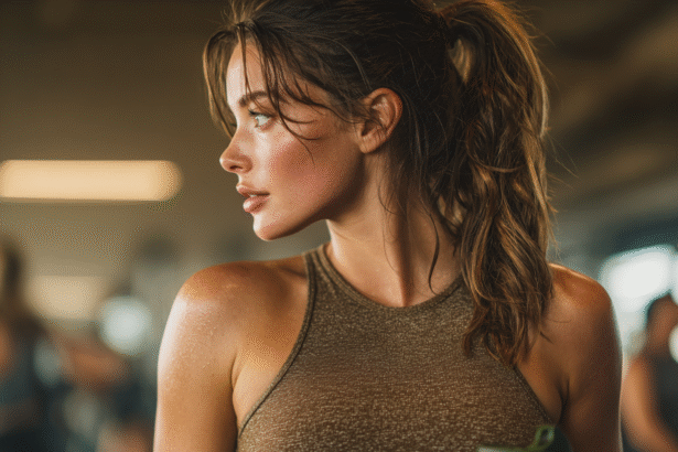 Confident woman after workout holding a smoothie, with glowing skin and toned arms — symbolizing strength and body transformation.