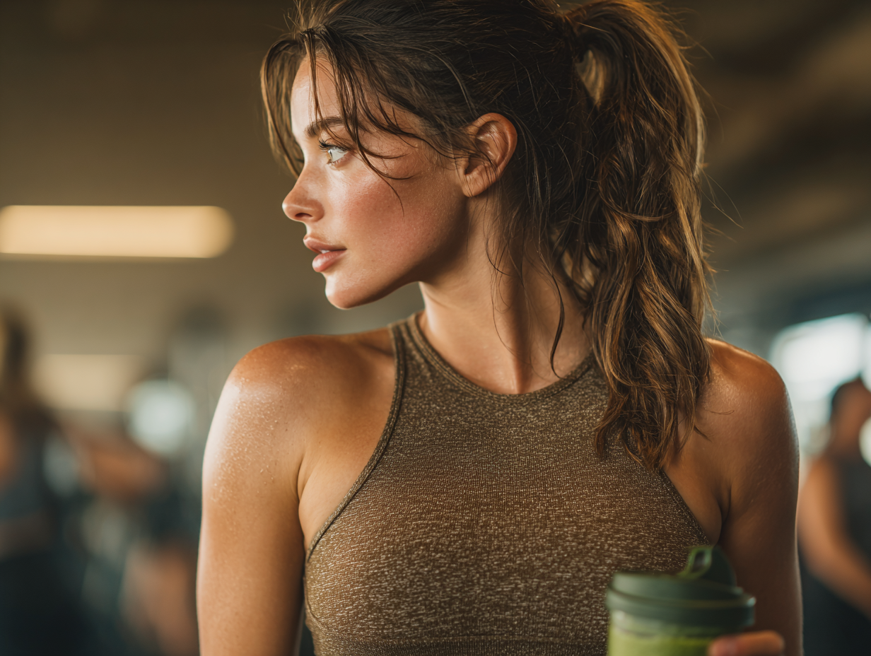 Confident woman after workout holding a smoothie, with glowing skin and toned arms — symbolizing strength and body transformation.