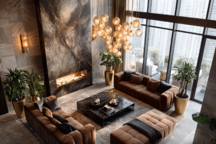 Brown velvet sofas in a dramatic high-rise living room with gold planters, marble fireplace, and ambient lighting