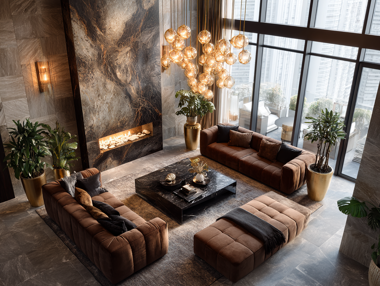 Brown velvet sofas in a dramatic high-rise living room with gold planters, marble fireplace, and ambient lighting