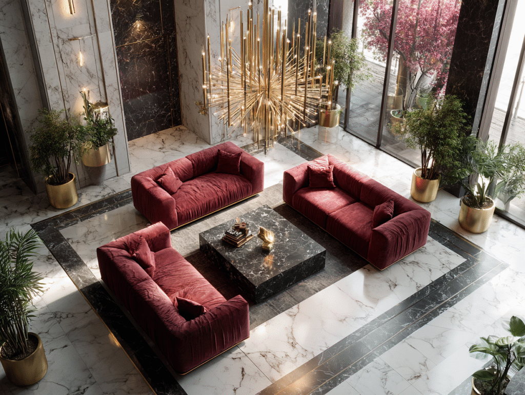 Burgundy velvet sofas arranged around a black marble table in a white and gold marble-floored lobby with gold chandelier