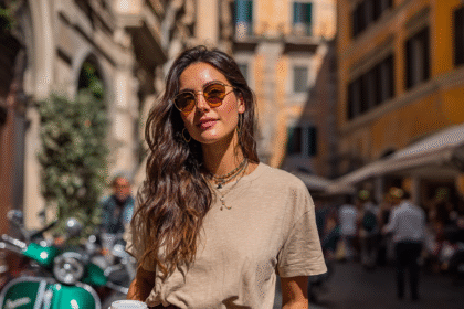 Stylish woman walking confidently with coffee in hand, healthy and radiant