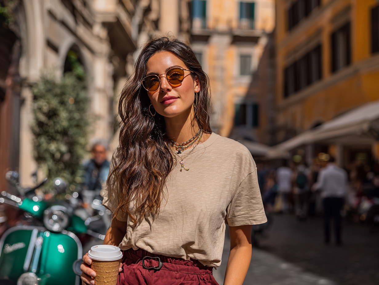 Stylish woman walking confidently with coffee in hand, healthy and radiant