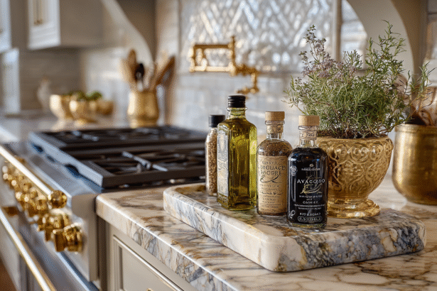 A curated marble kitchen counter with avocado oil, EVOO, and ghee in elegant glass bottles