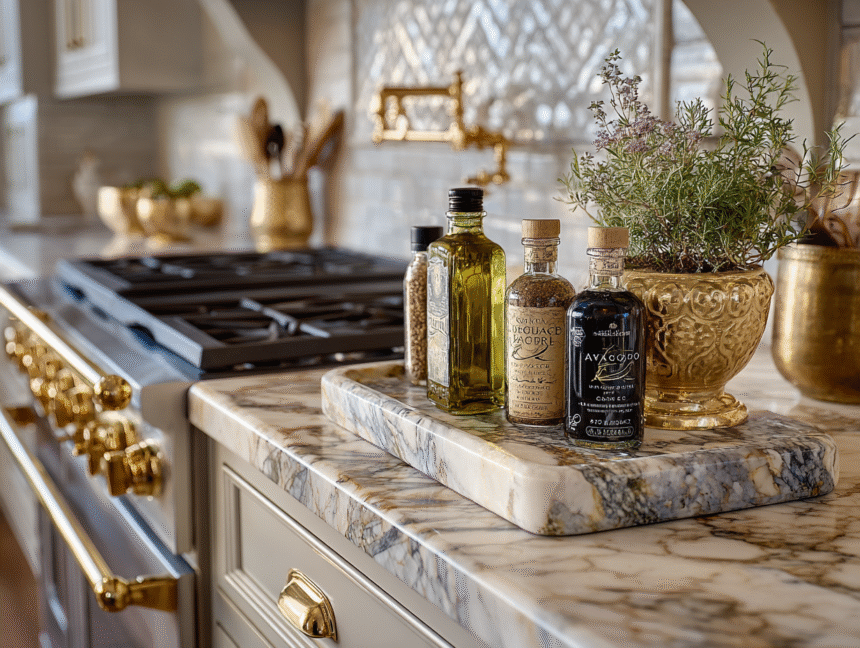 A curated marble kitchen counter with avocado oil, EVOO, and ghee in elegant glass bottles
