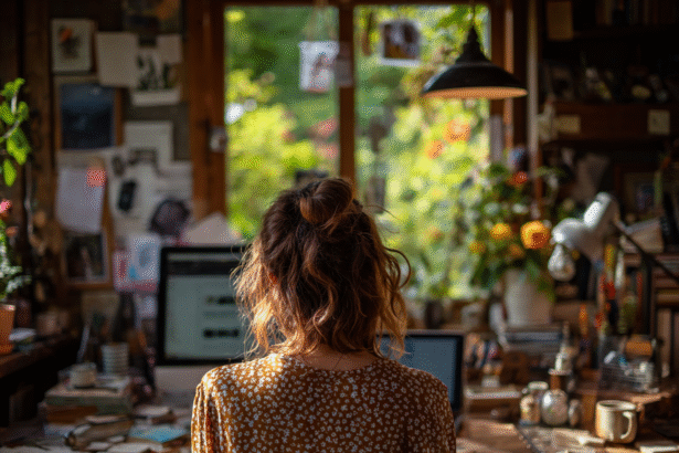 A woman with brown hair working in a cozy, plant-filled home office — symbolizing creative clarity and focused entrepreneurship.