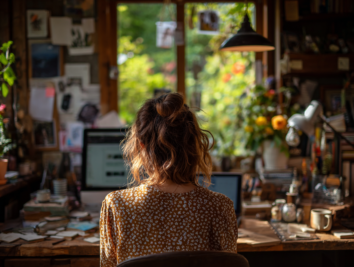 A woman with brown hair working in a cozy, plant-filled home office — symbolizing creative clarity and focused entrepreneurship.