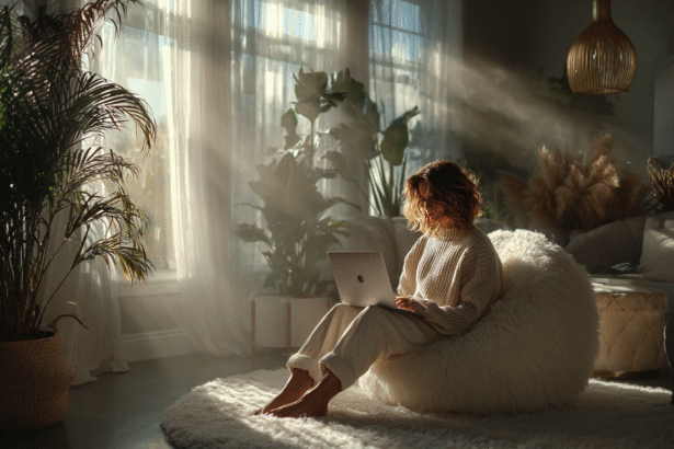 Woman in cozy living room working on laptop surrounded by soft natural light and plants