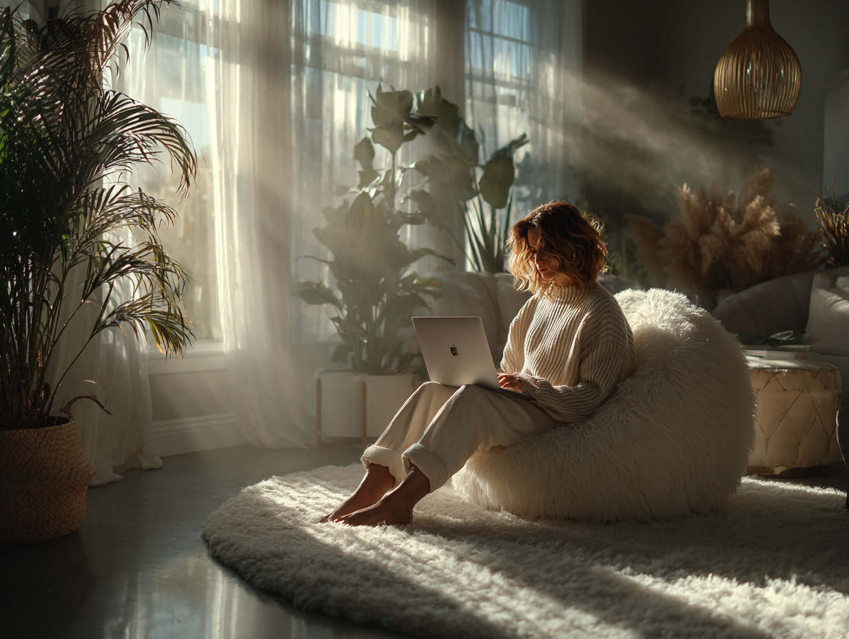 Woman in cozy living room working on laptop surrounded by soft natural light and plants