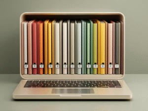 A digital laptop screen filled with colorful, labeled folders representing a well-organized digital filing system.