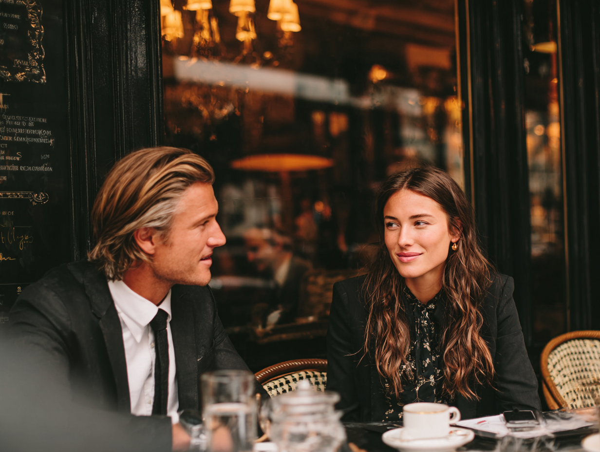 Man and woman having a thoughtful conversation at an outdoor café, representing emotional intelligence
