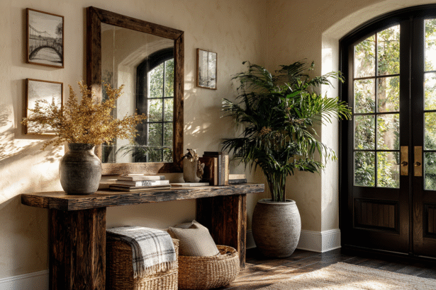 A calm, elegant entryway with a wood console, mirror, books, and plant symbolizing the Feng Shui career corner