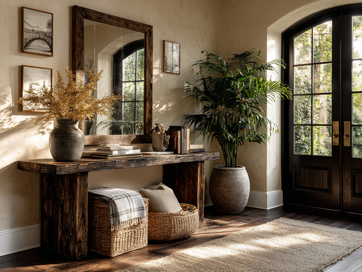 A calm, elegant entryway with a wood console, mirror, books, and plant symbolizing the Feng Shui career corner