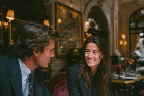 A man in a suit and a woman in a blazer sitting together in an elegant café, smiling and discussing ideas — symbolizing entrepreneurial thinking.