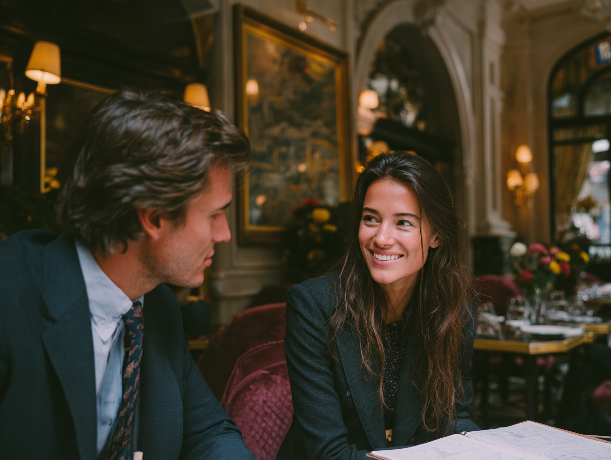 A man in a suit and a woman in a blazer sitting together in an elegant café, smiling and discussing ideas — symbolizing entrepreneurial thinking.